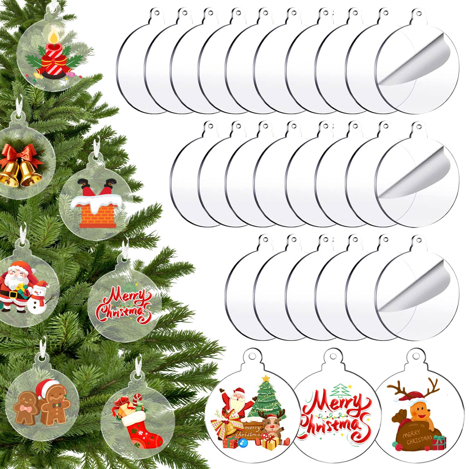 24Pcs Acrylic Clear Christmas Ornament,3 Inch Blank Acrylic Christmas Ornaments for Craft Clear Round Disc Ornaments Blanks with Hole for Christmas Decor DIY Family Kids Crafts