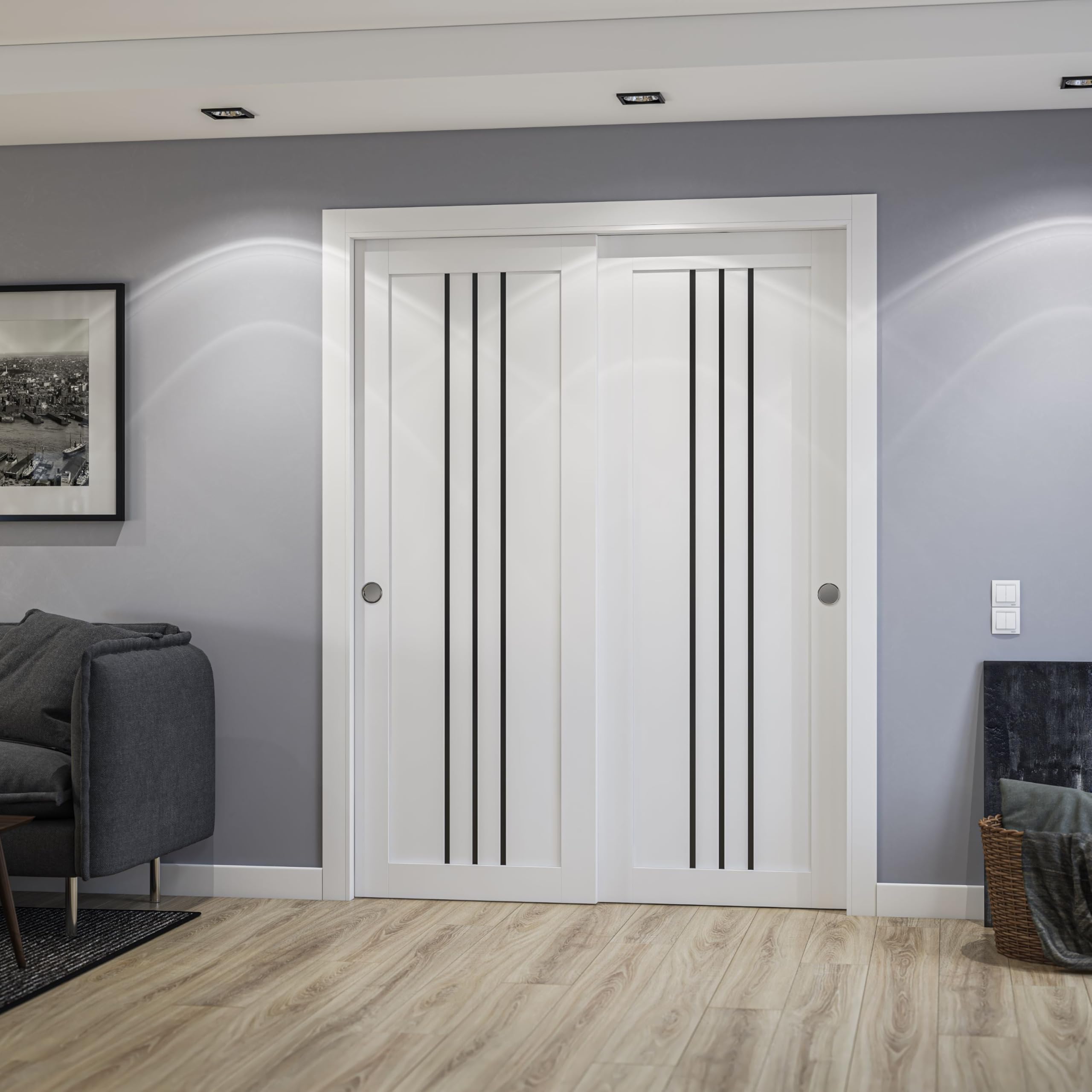 SARTODOORS Sliding Closet Doors 64 x 96 inches | Base 6094 White Closet Bypass Doors | Opaque Glass MDF Modern