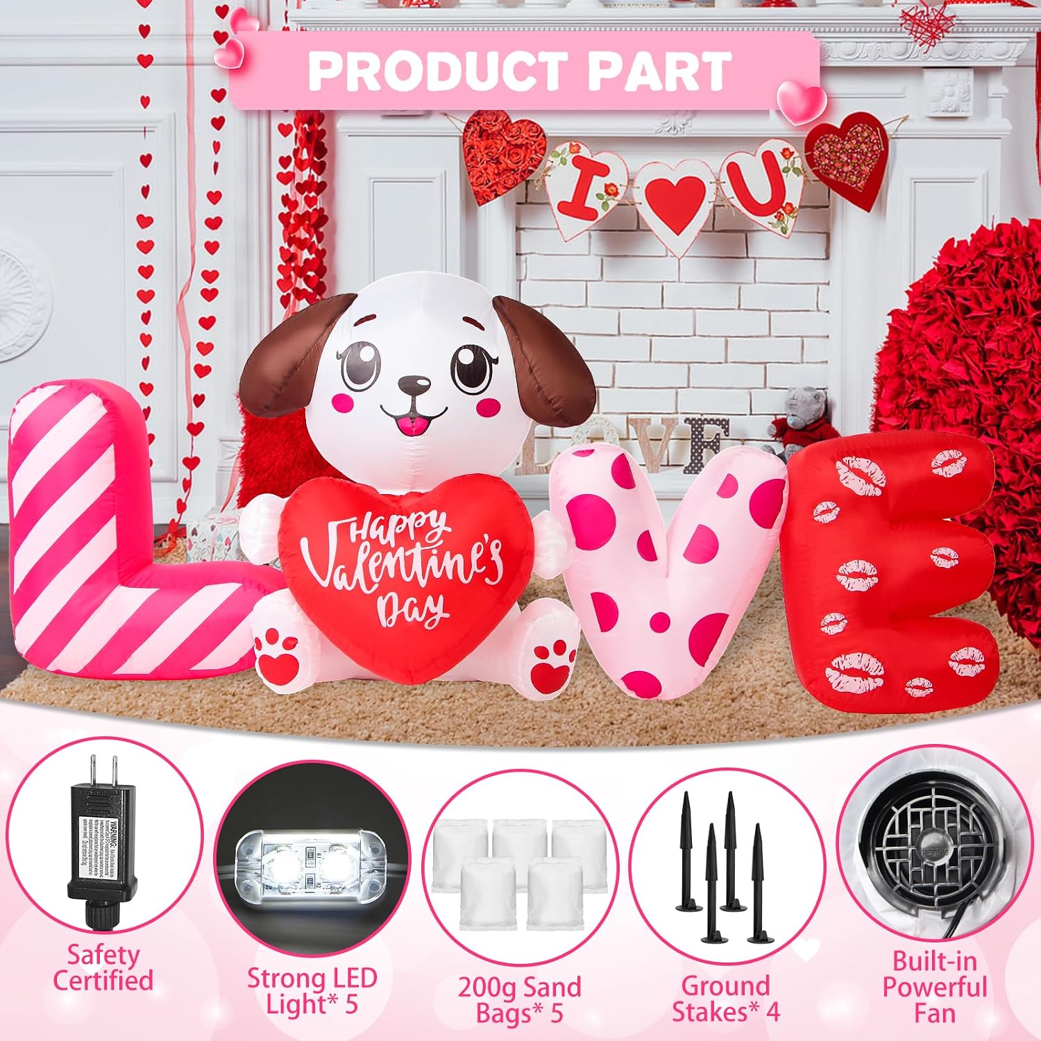 6 FT Valentines Day Inflatable Outdoor Decorations, Blow up Valentine's Day Love Dog Yard Decor with Red Heart, Built-in LED Lights Valentine Holiday Decoration for Outside Lawn Garden Wedding Indoor