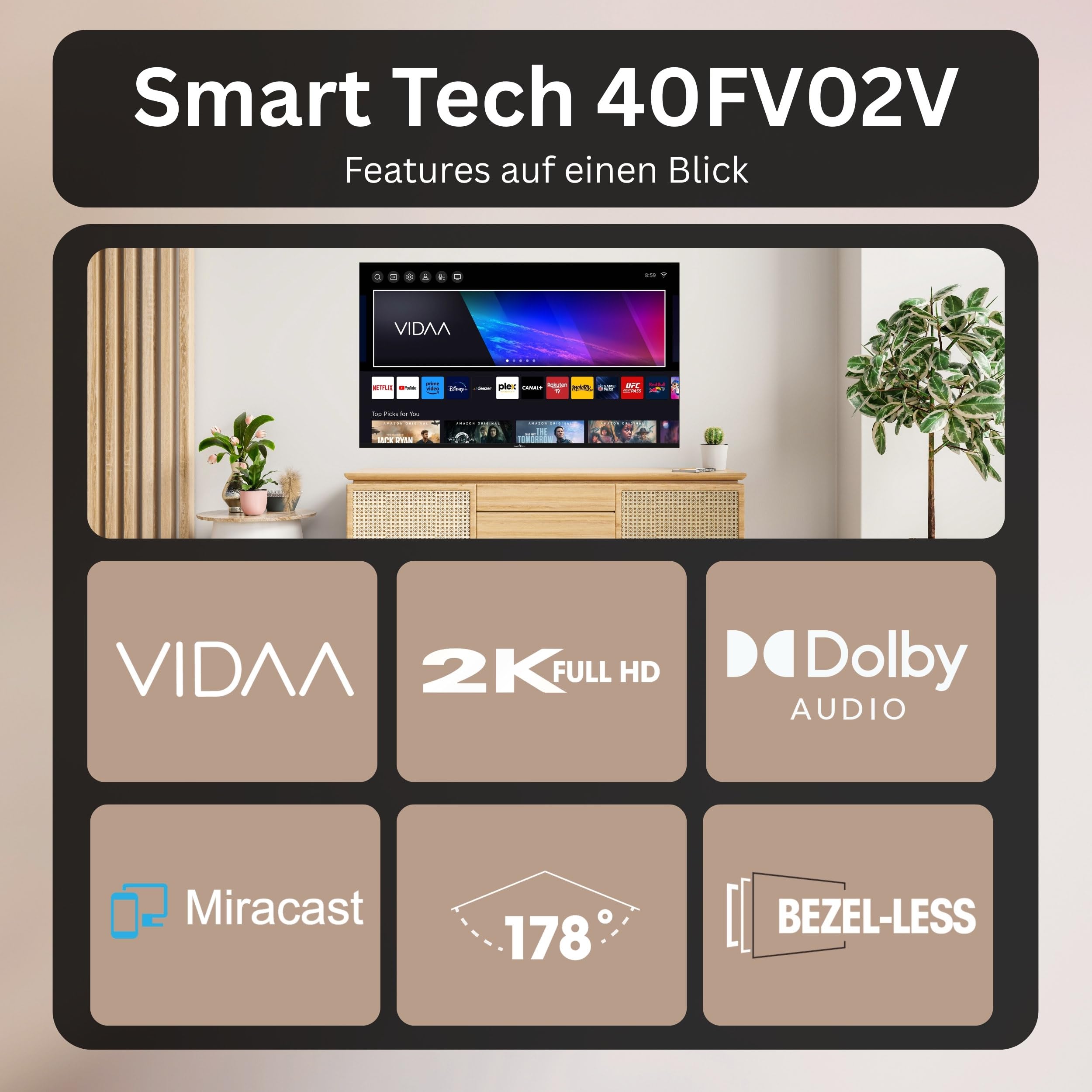 Smart Tech 40FV02V Fernseher 40 Zoll Smart TV VIDAA - Fernseher mit Full HD Auflösung, Bluetooth und Triple-Tuner, LED TV (2026)
