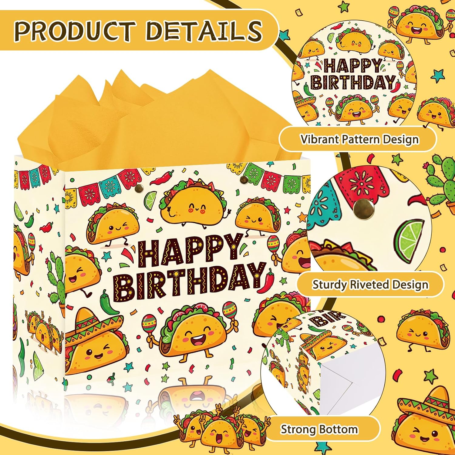 Mexican Taco Birthday Gift Bag - 13" Large Colorful Fiesta Wrap Bags Set image 4