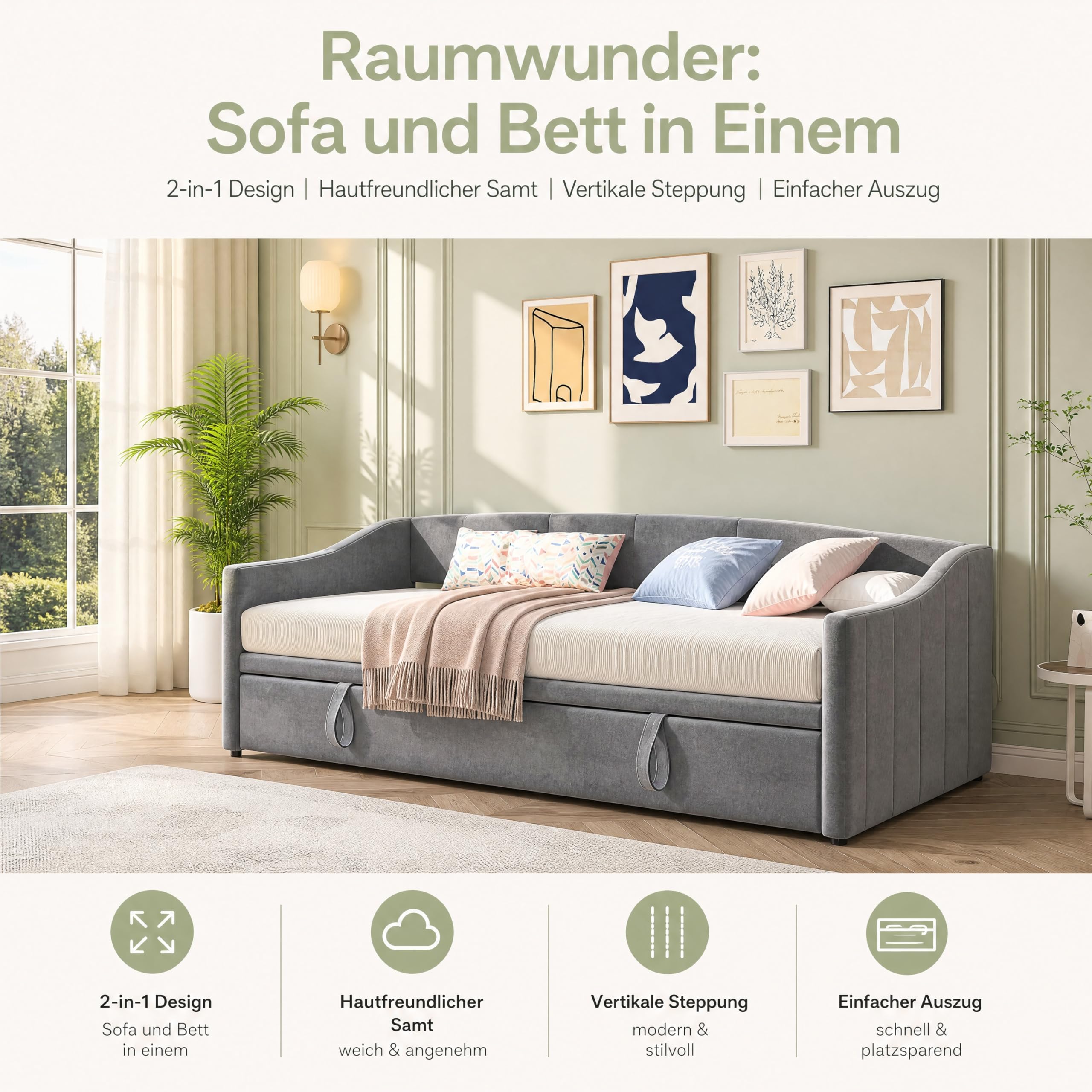 Schlafcouch Schlafsofa 90/180x200 cm, Multifunktionales Schlafsofa Bett mit Ausziehbett, Doppelschlafsofa mit Lattenrost, Samt, ohne Matratze (Grau A, 90/180x200cm)