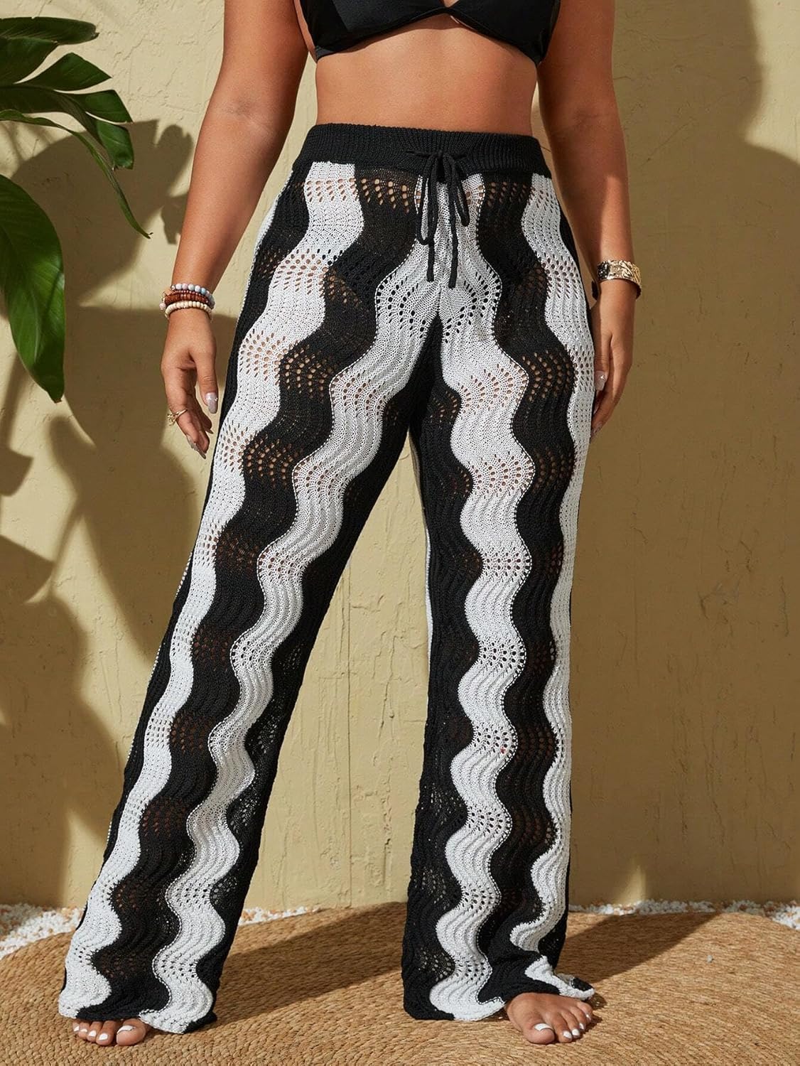 ZAFUL Women's Beach Cover Up Pants Hollow Out Plus Size Drawstring Elastic High Waist Swimsuit Cover Up Beach Long Pants - Image 3