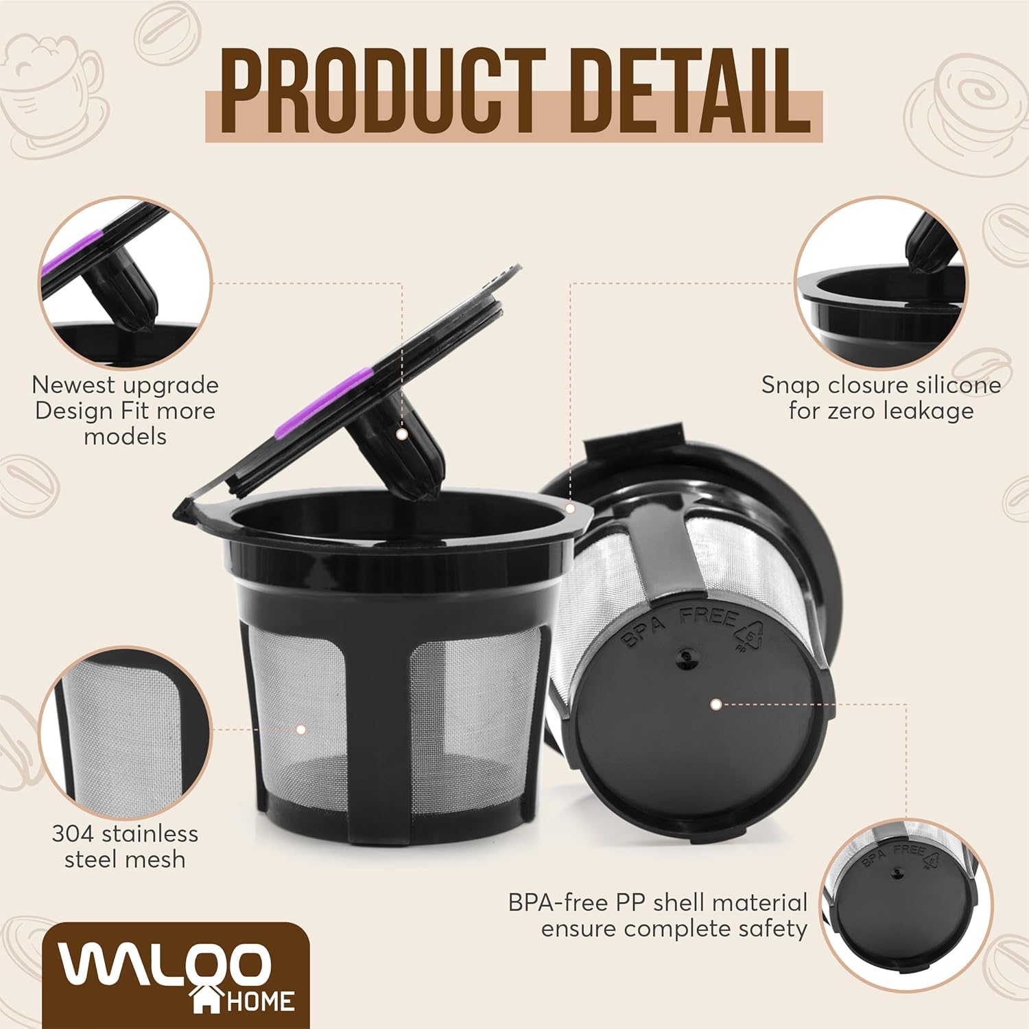Waloo Reusable Single Serve Coffee Pods - Compatible with Coffee Brewers - Universal Coffee Filters - Eco-Friendly Stainless Mesh Refillable K-Cups - 2, 4 & 6 Pack - Dishwasher Safe (6 Pack - Black)