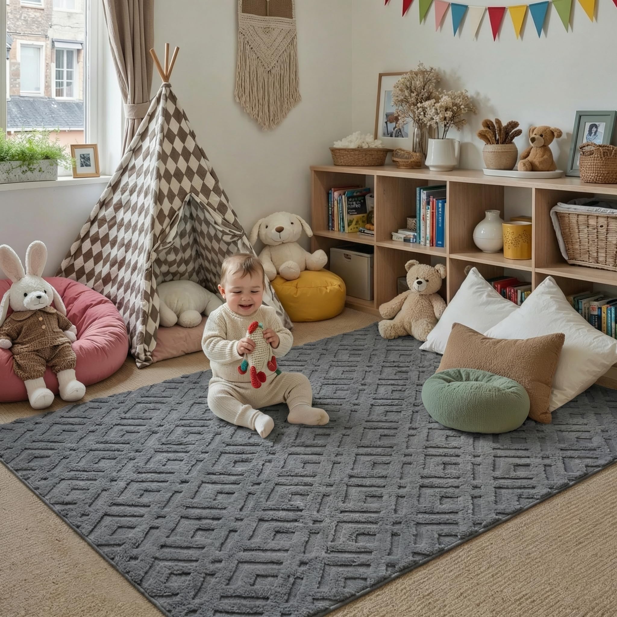 PureCozy Grey Rugs Living Room 120x180cm Bedroom Large Area Rug Washable Fluffy Faux Fur Non Slip Modern Carpet Lounge Dining Room Office Soft 3D Effect Diamond Geometric โ image 1