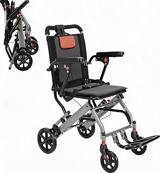 Lightweight Foldable Transport Wheelchair, Portable Travel Transit Wheel Chair with Flip-Up Armrests & Footrests, Dual Hand Brakes, Breathable Cushion, Compact Folding Wheelchair for Seniors