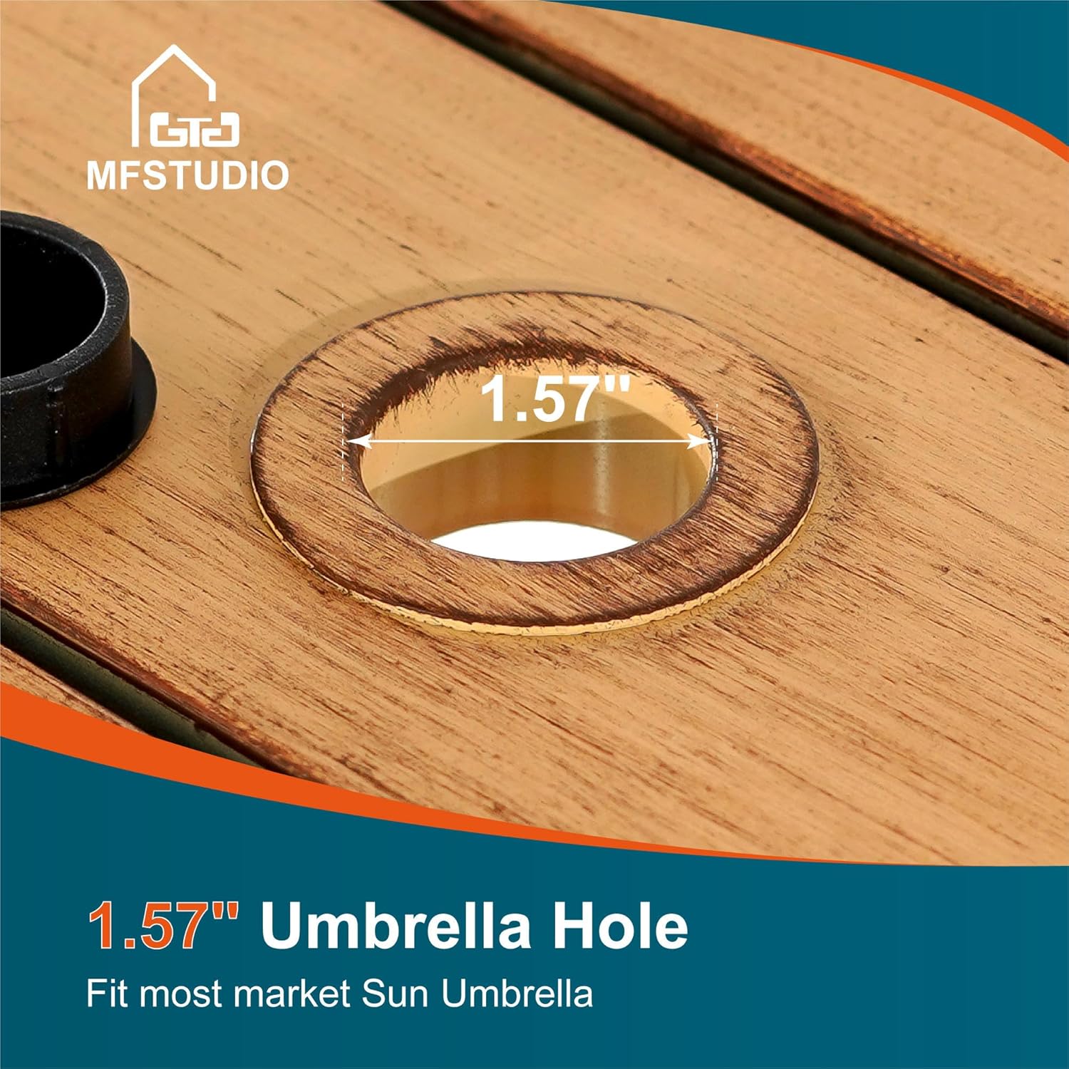 MFSTUDIO 40.5 Patio Bar Height Bar Table, with Rectangular Hand-Painted Wood Like Metal Table Top for 4, All Weather Resistant Outdoor Table with Umbrella Hole, Brown
