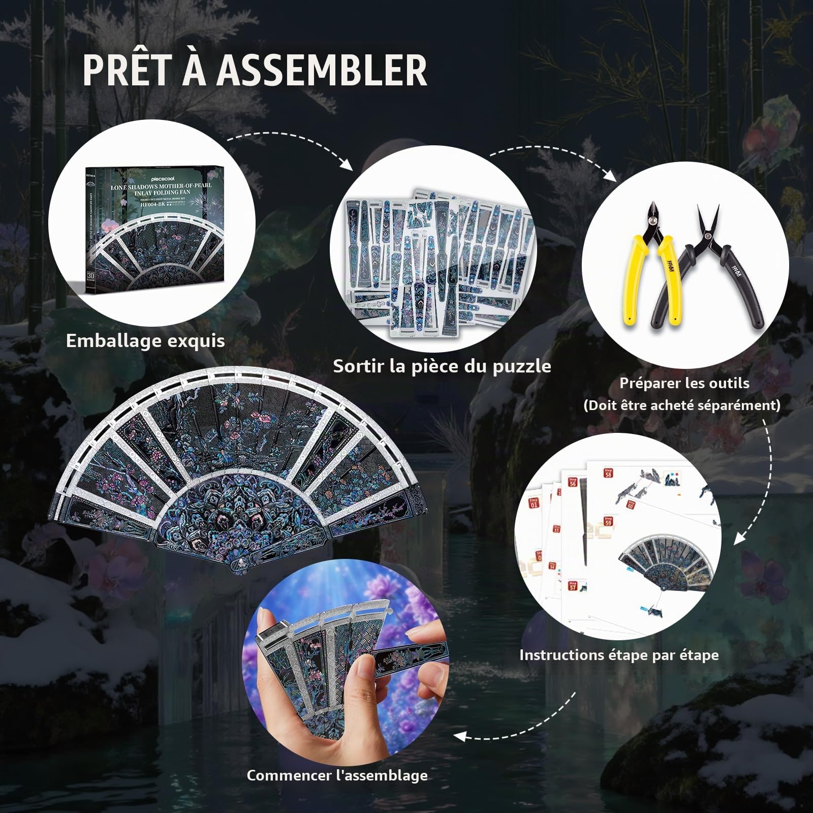 Piececool Puzzle 3D Metal Chinese Folding Fan Maquette Éventail Metal Puzzle 3D Adulte Construire de Acier Inoxydable 430,DIY Decoration, Home Decoration,Bleu