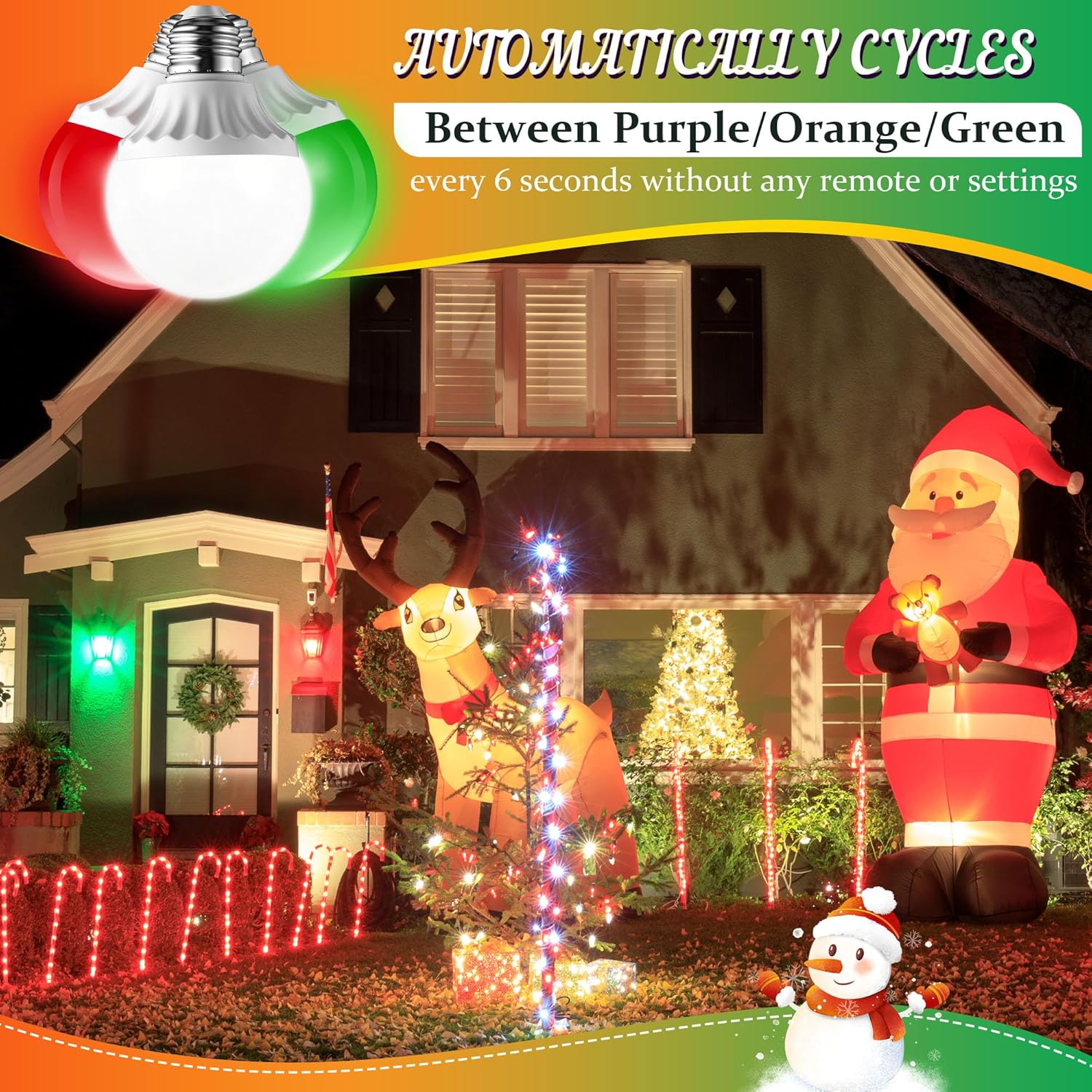 Enhon 2W LED Globe Bulb, Automatic Color Changing Red/Green/White Every 6s, G70 E26 Base, Energy-Saving Decorative Light for Christmas, Holiday Party, Porch, Indoor & Outdoor Decor(4 Pack)