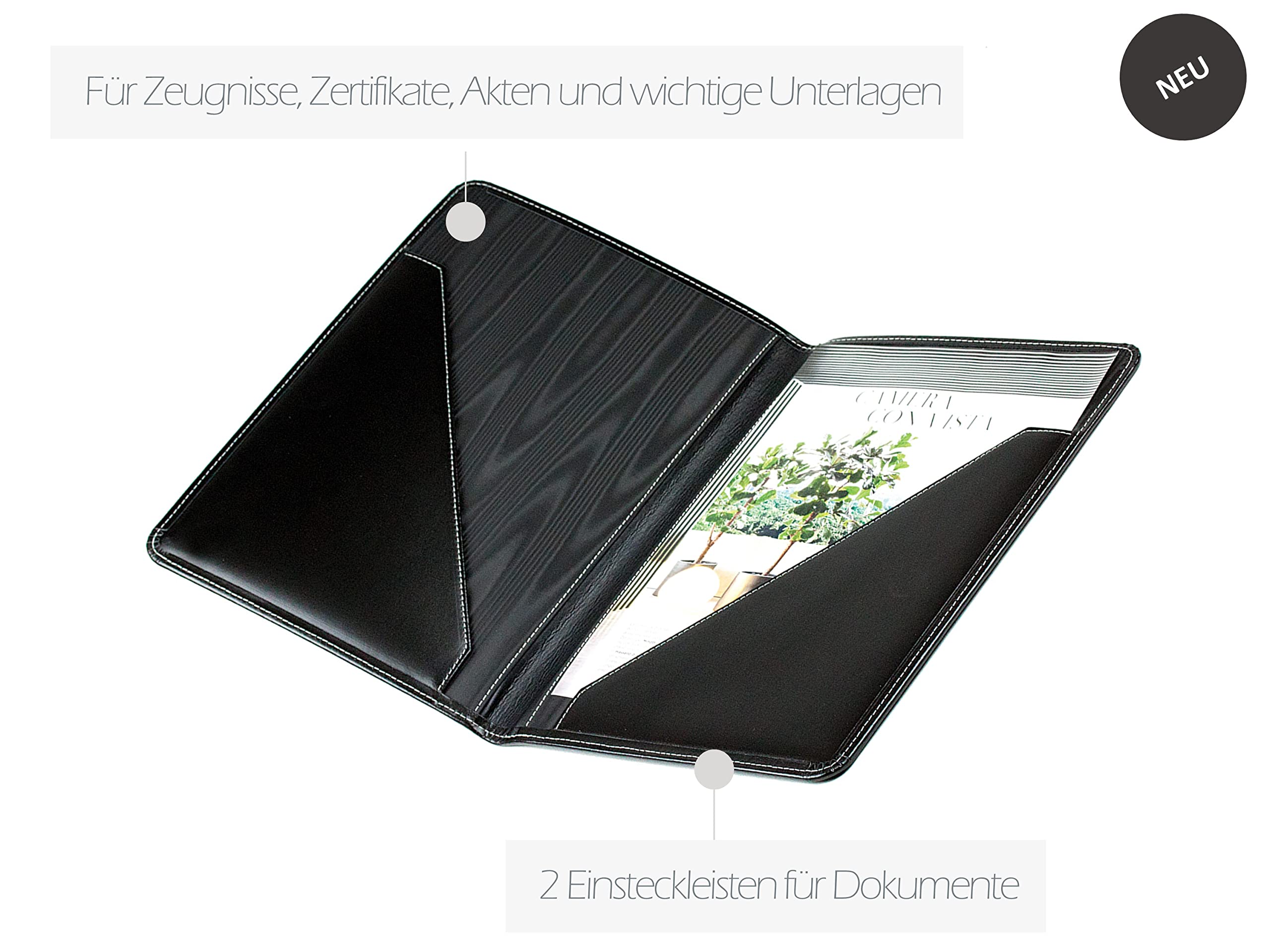 DELMON VARONE - Personalisierbare Urkundenmappe DIN A4 aus Cambridge Top Grain Leder schwarz, Dokumentenmappe mit 2 Einsteckfächer, Hardcover & Moiré Innenfutter für Dokumente, Zeugnisse & Urkunden