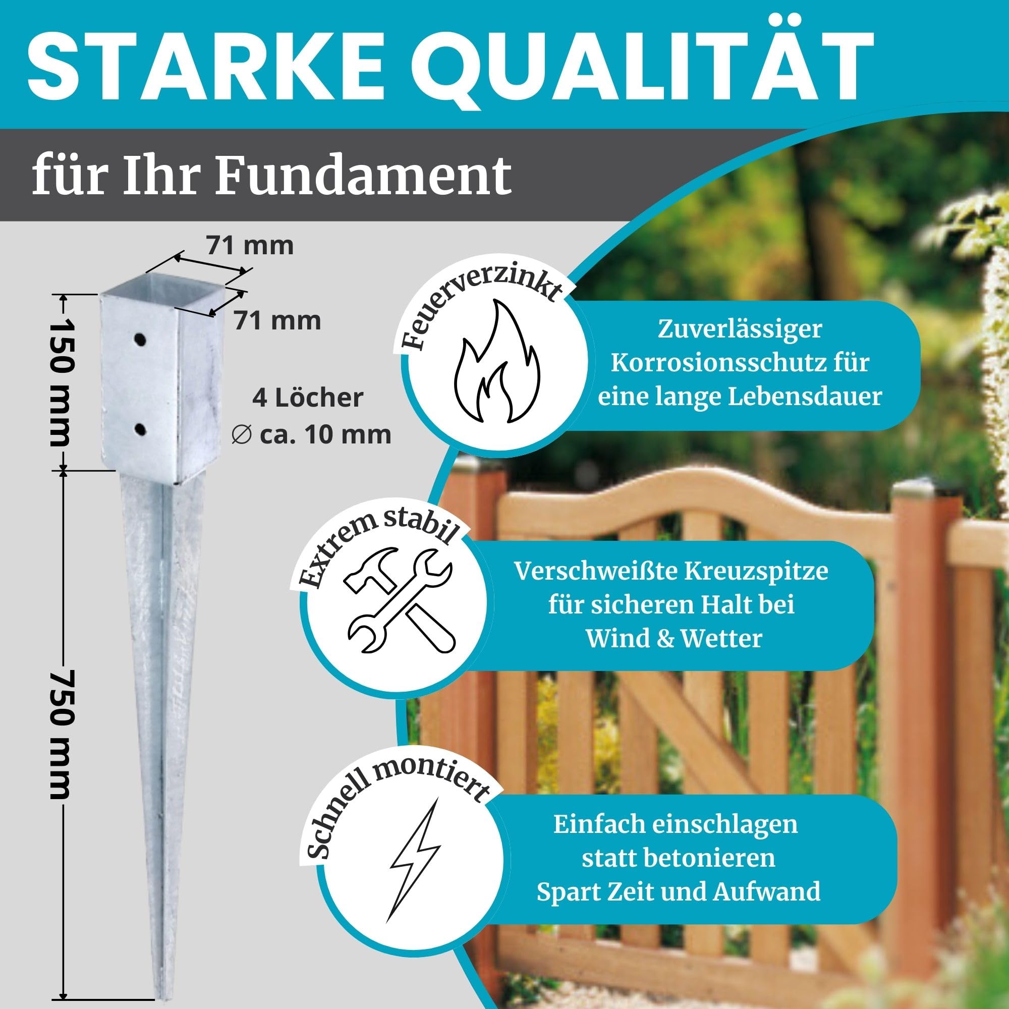 Pfostenträger für Holzpfosten Einschlaghülse, 2 St. 71 x 71/750 mm | 70x70/90x90 wetterfeste Bodenhülse aus Stahl Feuerverzinkt, Stabile Pfostenanker, Einschlagbodenhülse, Erdspieß, Balkenschuh