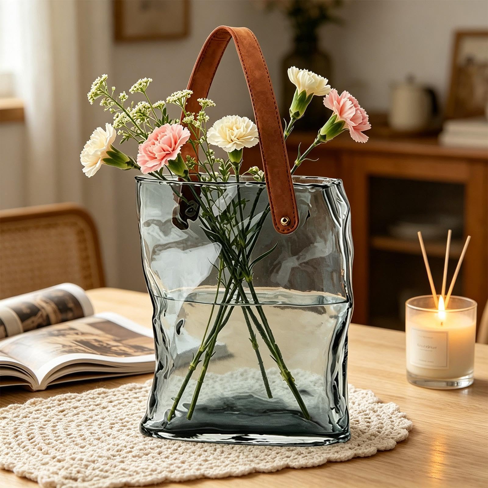 Taschen-Blumenvase Ästhetische moderne dekorative Wohnraumdeko | Blumengesteck Niedliche Vase Glastasche für Wohndeko Schlafzimmer Wohnzimmer Büro Landhausstil Geburtstag Einweihung