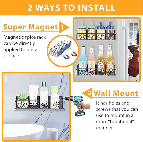 Miniatura 4 de Paquete de 2 organizadores magnéticos para especias de flores, negro, accesorios de cocina para refrigerador o montaje en pared y puerta,