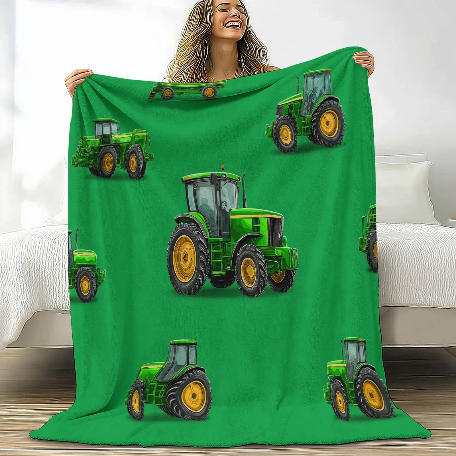 Jeté de canapé plaid polaire enfant vert motif tracteur pour l'hiver