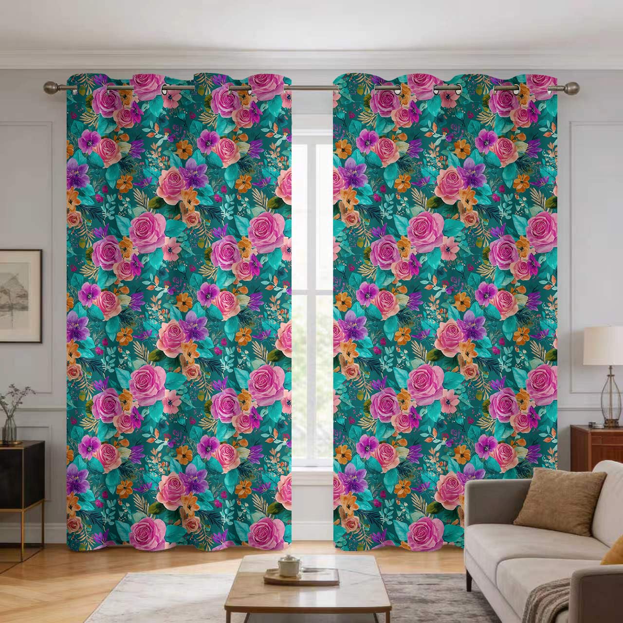 Rideau motif floral sarcelle rose idéal pour sublimer une chambre