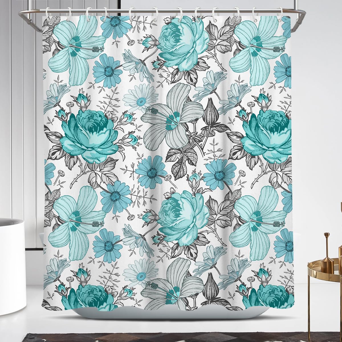 Coxila Teal Floral Shower Curtain Turquoise Aqua Flower Grey Gray White Black Spring Vintage Retro Summer Daisy Cute Boho Wildflower Botanical Fun