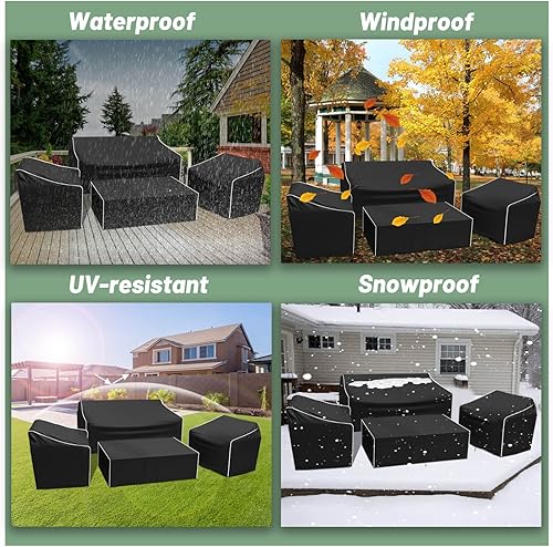 Miniatura 5 de Gasadar Funda impermeable para muebles de exterior, 4 piezas para muebles de patio, sofá biplaza, silla y mesa auxiliar, resistente 600D, color negro