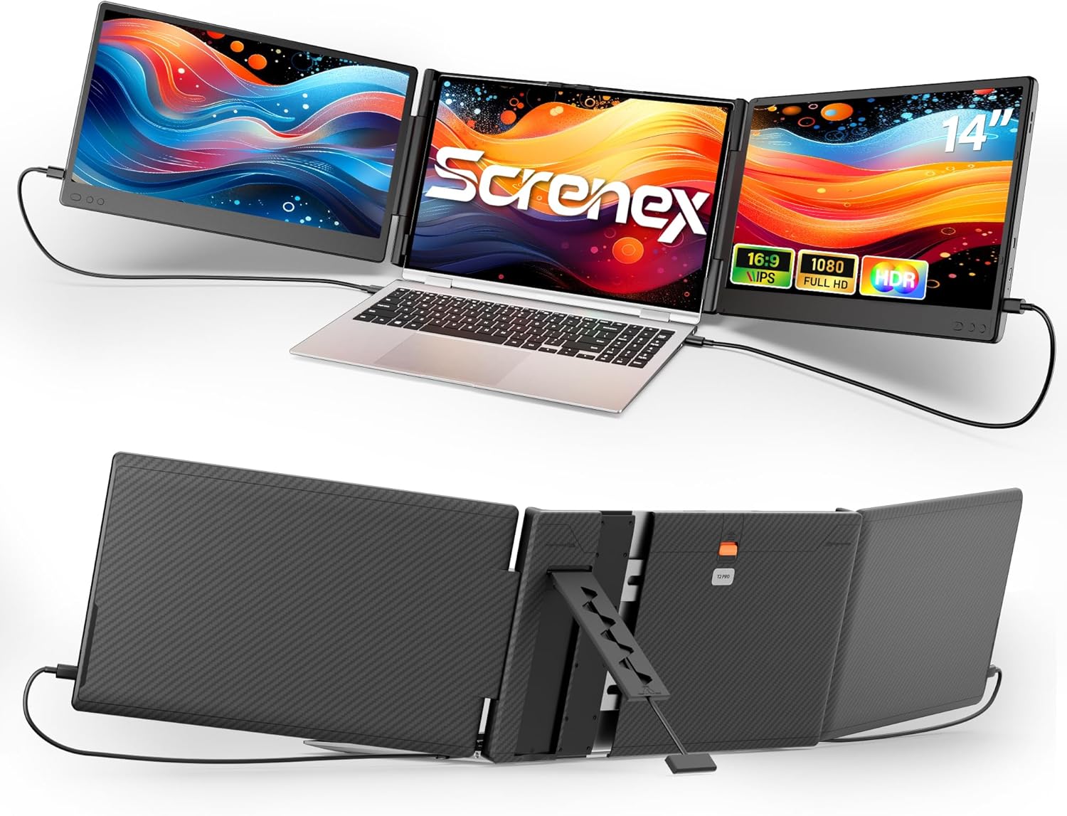 Laptop Screen Extender, 14" Triple Monitor Extender, 1080P FHD Portable Monitor for Laptop, Upgraded Auto-Width Fits 13-17.3" Laptops, Plug & Play Screen Extender Compatible with Windows/Mac/Chrome