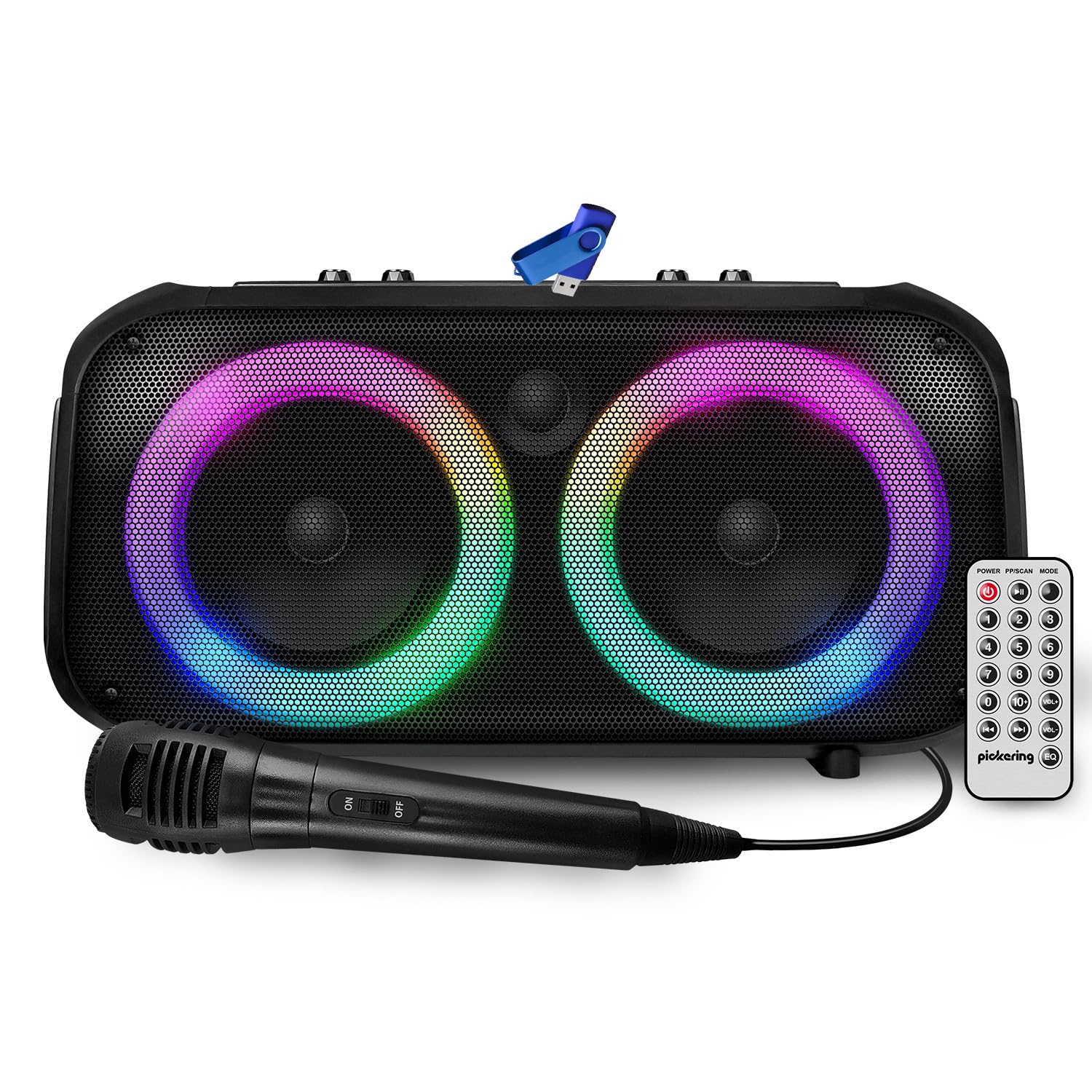 Pickering Enceinte Sono Autonome sur Batterie à LED Panther BLASTER300 300W, Bluetooth USB Radio FM, Echo, Micro Karaoké+Clé 32G