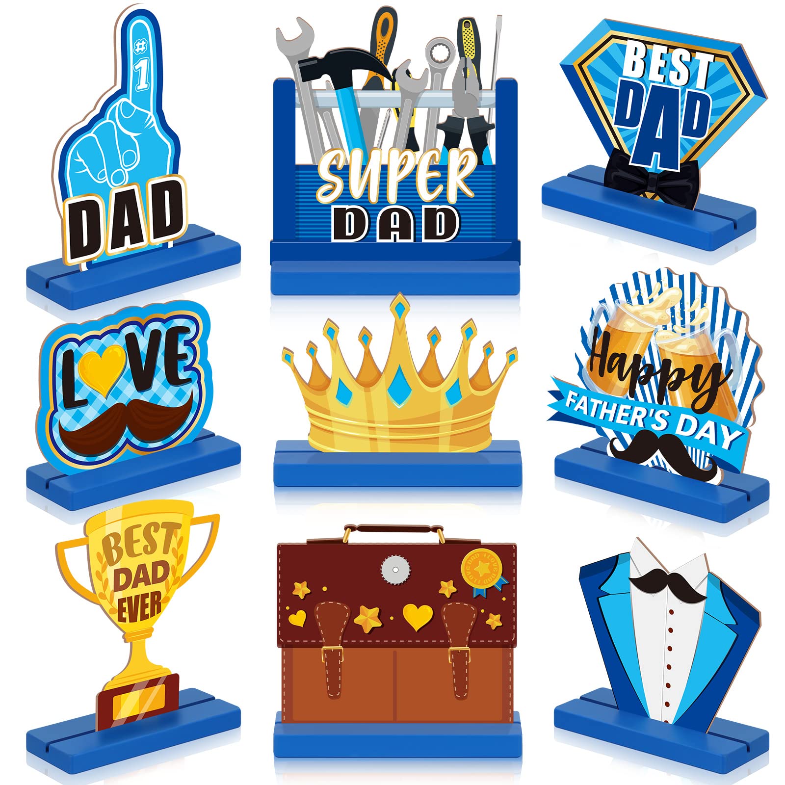 Thyle 9 Pieces Father's Day Table Decorations Wooden Table Centerpiece with Base Blue and Gold Happy Fathers Day Decorations Happy Father's Day Wood