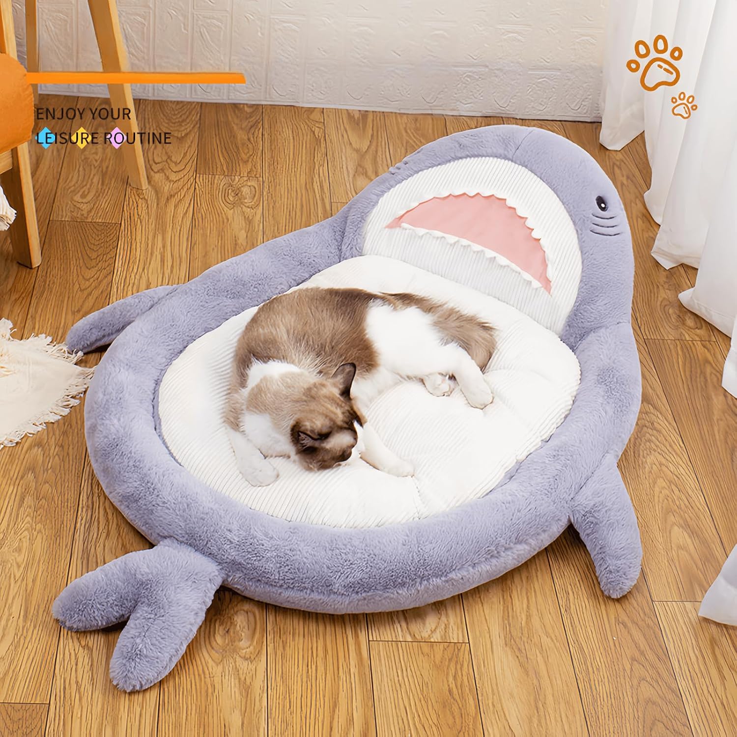 Cute Cat Bed Shark-Shaped Round Dog Sofa Beds Large Space Funny Cat Sofa Anti-Slip for Indoor Cats and Small Medium Dogs (Blue, L (0-27lbs))