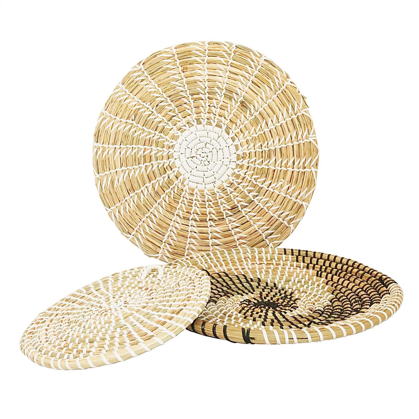 Genérico Decoración de pared de cesta tejida | Juego de 3 cestas tejidas para decoración de pared, cestas planas de mimbre Natural para colgar, decoracións bohemia para sala de estar o dormitorio