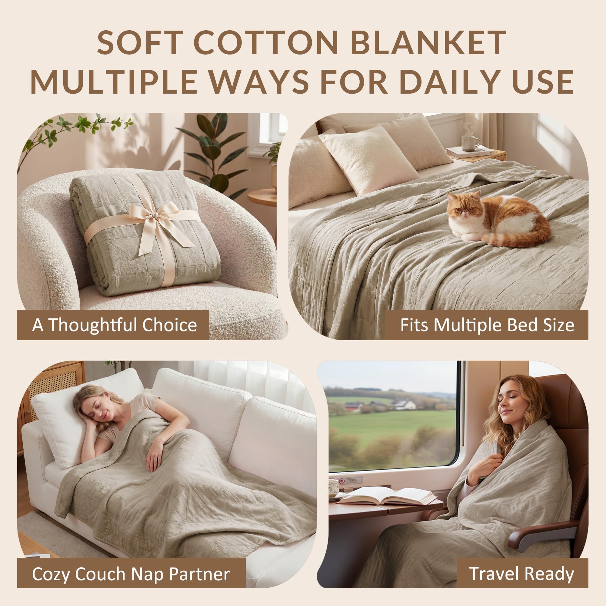 Exclusivo Mezcla Manta de 100% Algodón, Manta de Verano para Sofá y Cama, Colcha Multiusos, Ligera, Extrasuave y Cómoda, Lavable a Máquina y Secable, 230 x 270 cm, Caqui