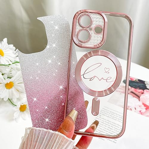 Vista 490 de Fiyart - Funda transparente magnética con purpurina para iPhone 12 para mujeres, con grabado "Love" metálico, protección para cámara y antigolpes