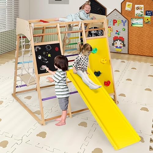 Miniatura 8 de Kinder King Juguetes de escalada de madera 10 en 1 para niños, gimnasio de la jungla con tabla de dibujo, tobogán, escalada en roca y red, escalera,