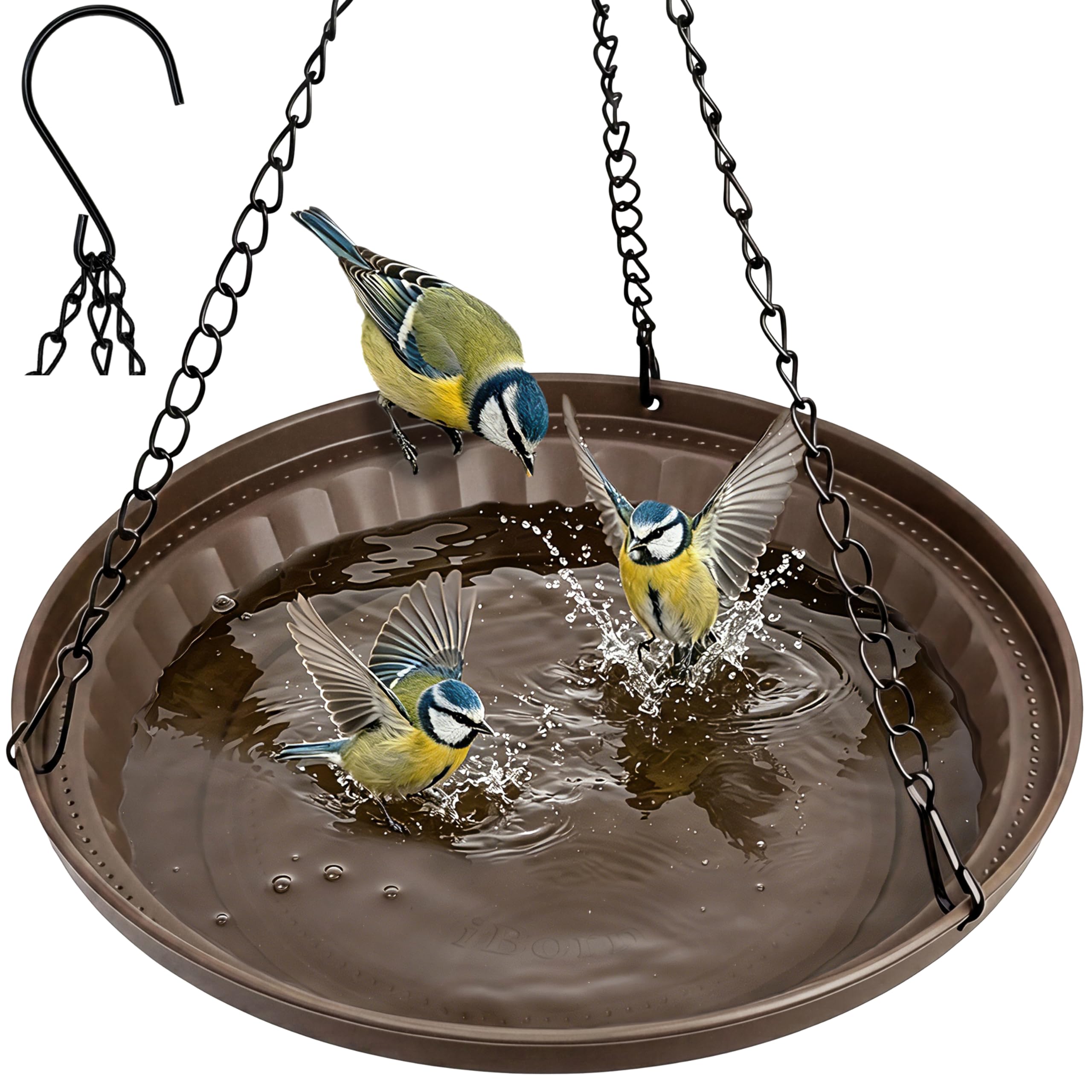 iBorn Hanging Metal Bird Bath Feeder Tray, 1.5L All Metal Wild Birdbath for Outdoor Backyard Garden, Squirrel Chew Proof Rust Resistant for Wild Birds, Bronze, Pack of 1