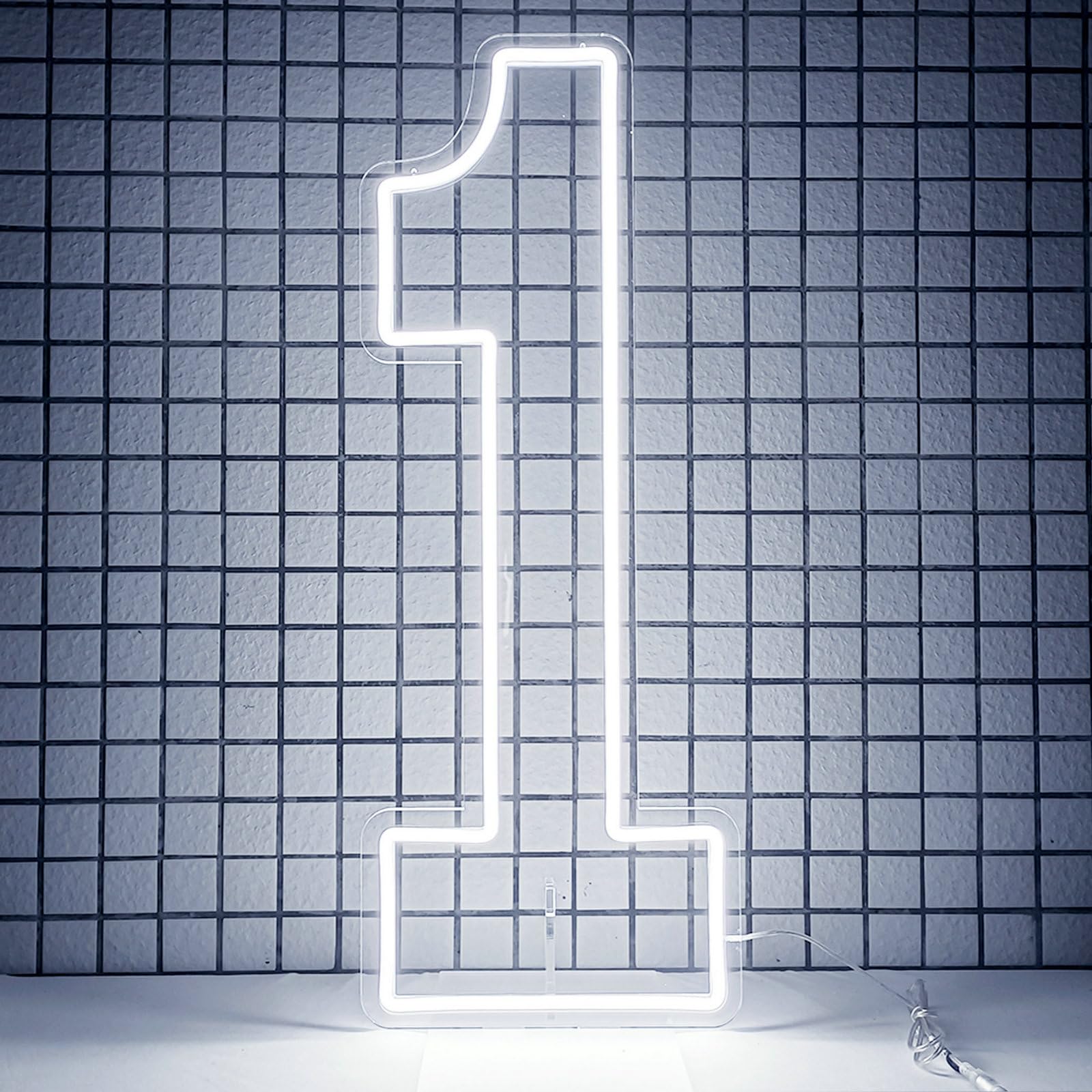 DS&DV Insegna luminosa con numeri al neon a LED, dimmerabile, con base autoportante, per decorazione per feste (bianco freddo, numero 1)