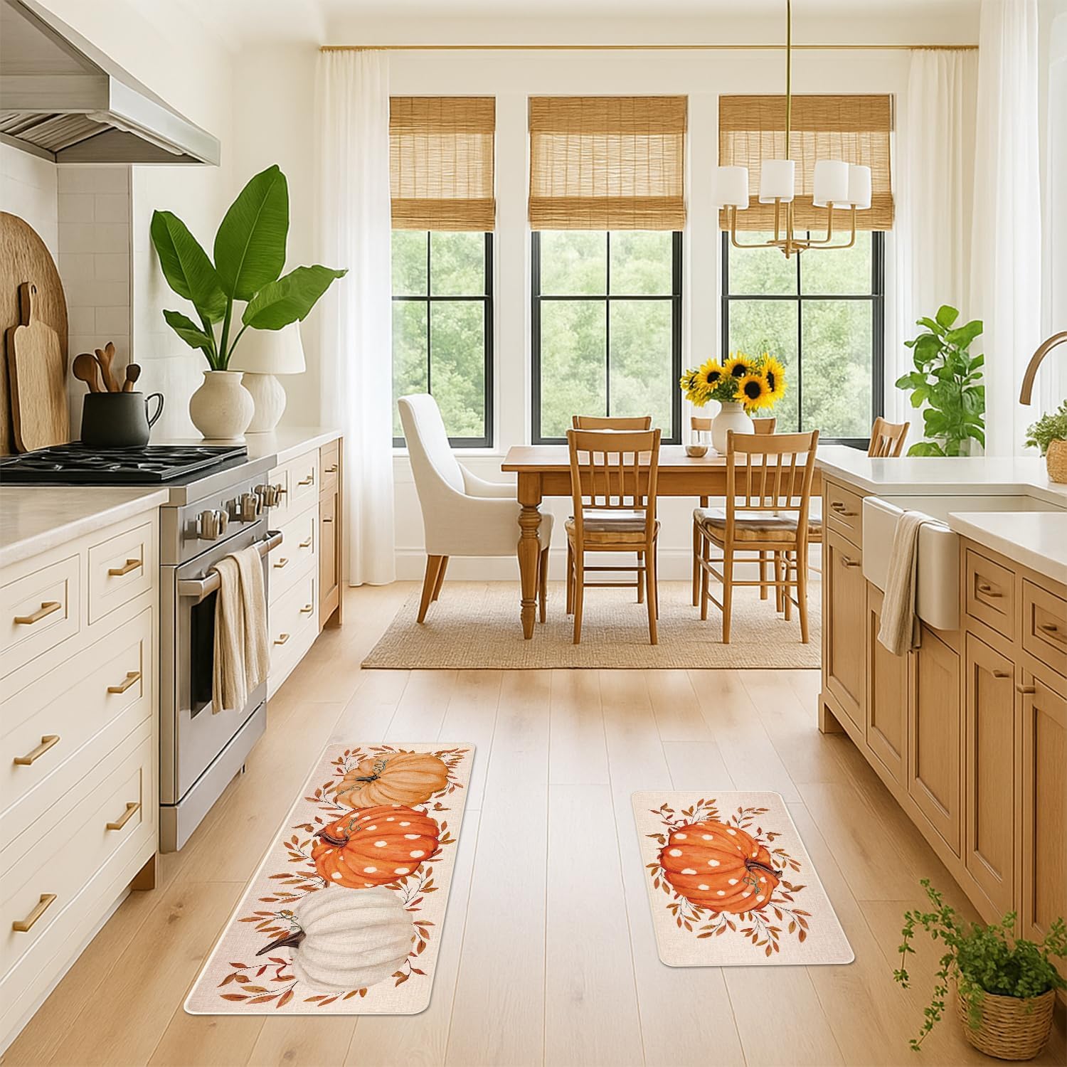 Siilues Fall Kitchen Mats Set of 2, Non-Slip Fall Pumpkin Kitchen Rugs for Floor Seasonal Autumn Thanksgiving Home Decor Low-Profile - 17x29 and 17x47 Inch