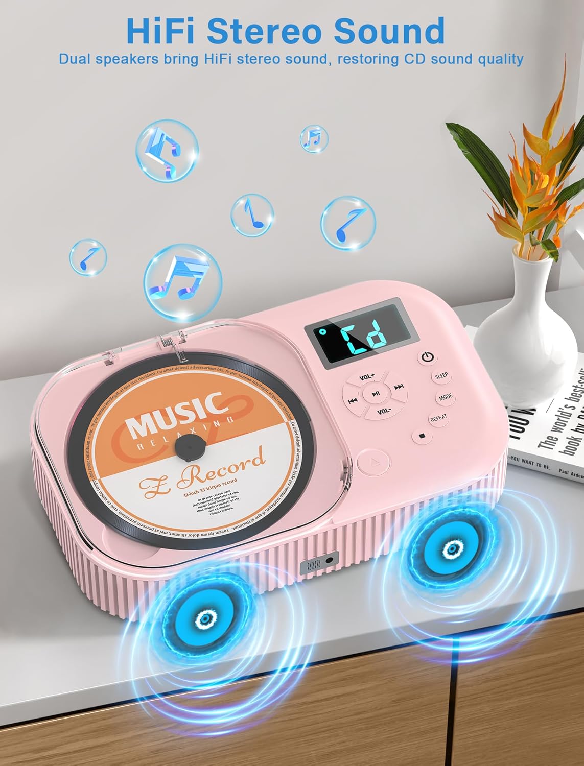 AFU Portable CD Player being charged via USB-C cable from a wall charger, with icons for car charger and power bank.