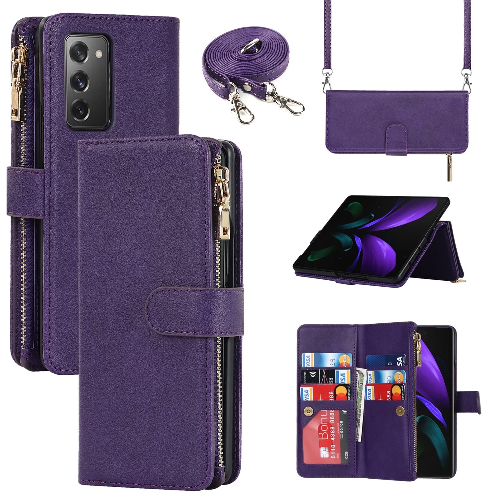 Jaorty Samsung Galaxy Z Fold 2 5G Wallet Case with S Pen Holder,[9 Card Slots] Removable Adjustable Crossbody Necklace Lanyard Shoulder Strap Zipper PU Leather Case for Samsung Z Fold 2, Purple