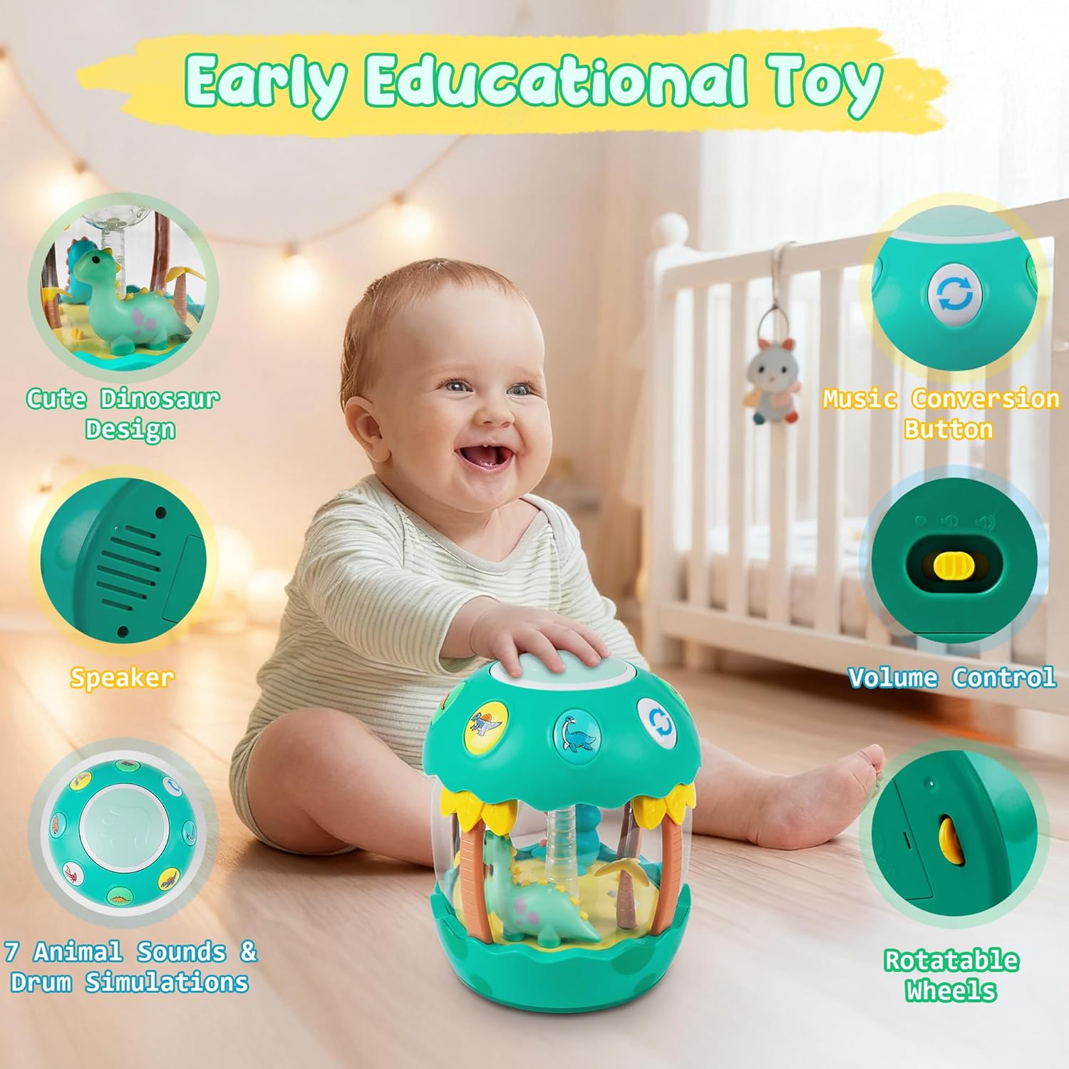 M SANMERSEN Baby Boy Toys 6-12 Months, Dinosaur Rotating Light Up Musical Baby Toys for 0-6 12-18 Months Newborn Infant Crawling Tummy Time Toys, Birthday Easter Gifts for Baby Boys- Green