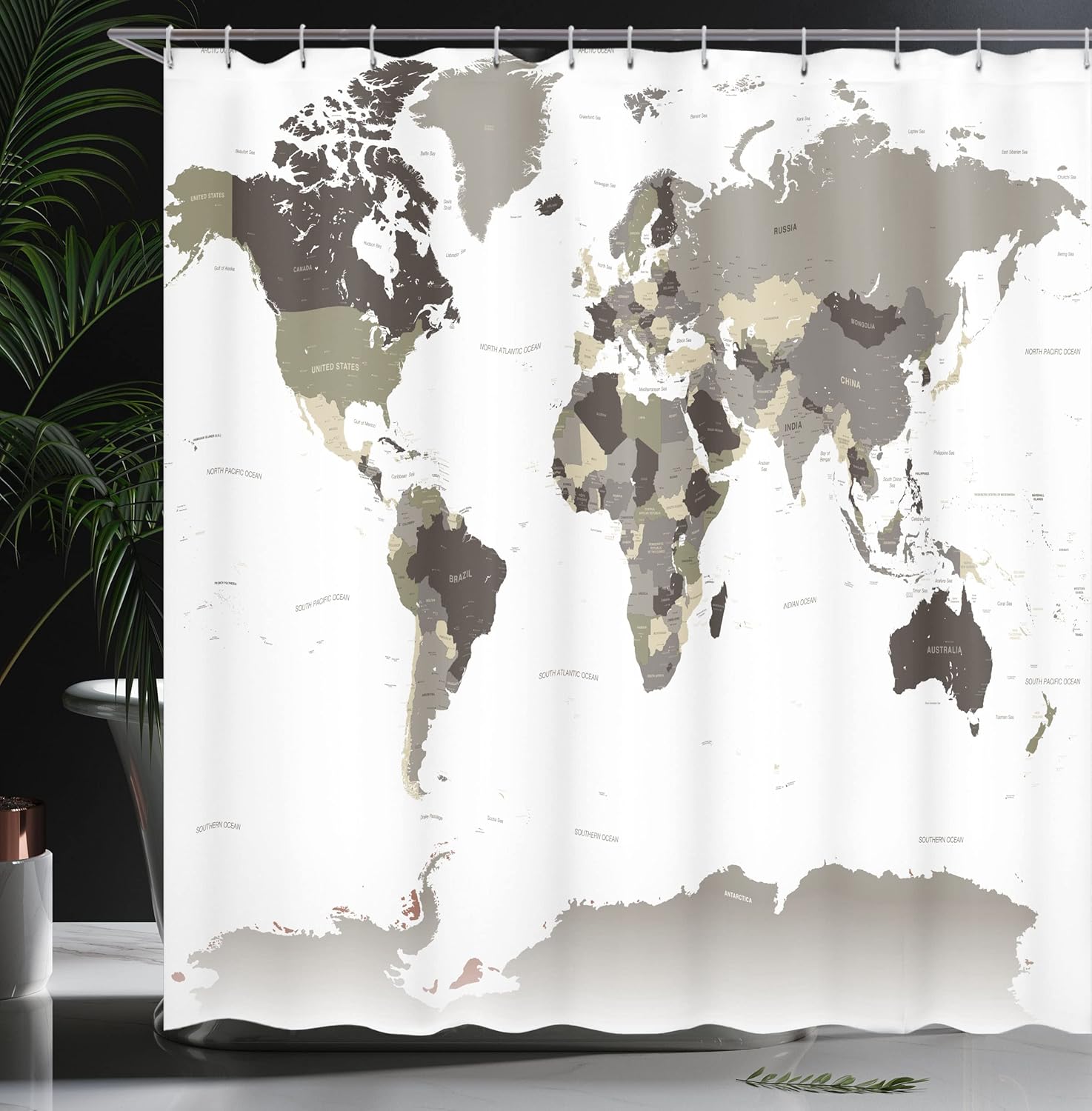 Ambesonne Earth Shower Curtain, Detailed World Map with All Countries Major Capital Cities Universe Continents, Cloth Fabric Bathroom Decor Set with Hooks, 69" W x 70" L, Dark Sepia