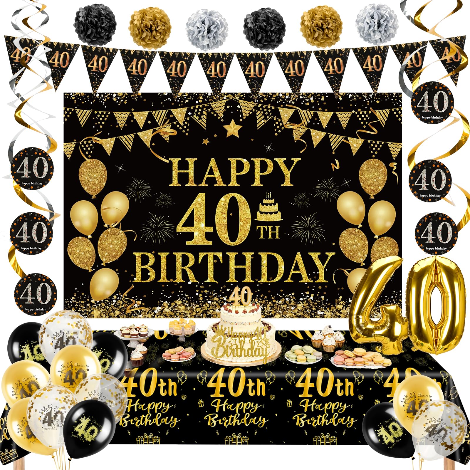 40th Birthday Decorations for Men Women, Black Gold Party Backdrop Happy 40th Birthday Decoration Set with Banner Number Foil Balloon Tablecloth Cake Topper, 40 Year Old Party Supplies Decor — image 1
