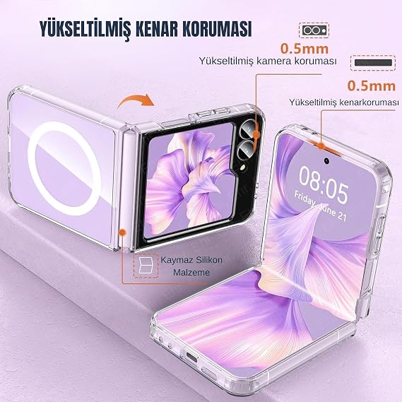 Ehr. Samsung Galaxy Z Flip 6 Uyumlu Kamera Korumalı Magsafe Wireless Şarj Özellikli Sert Sararmaz Kristal Şeffaf Kılıf (Şeffaf, Samsung Galaxy Z Flip 6)