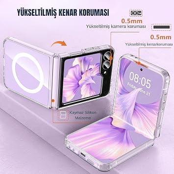 Ehr. Samsung Galaxy Z Flip 6 Uyumlu Kamera Korumalı Magsafe Wireless Şarj Özellikli Sert Sararmaz Kristal Şeffaf Kılıf (Şeffaf, Samsung Galaxy Z Flip 6)