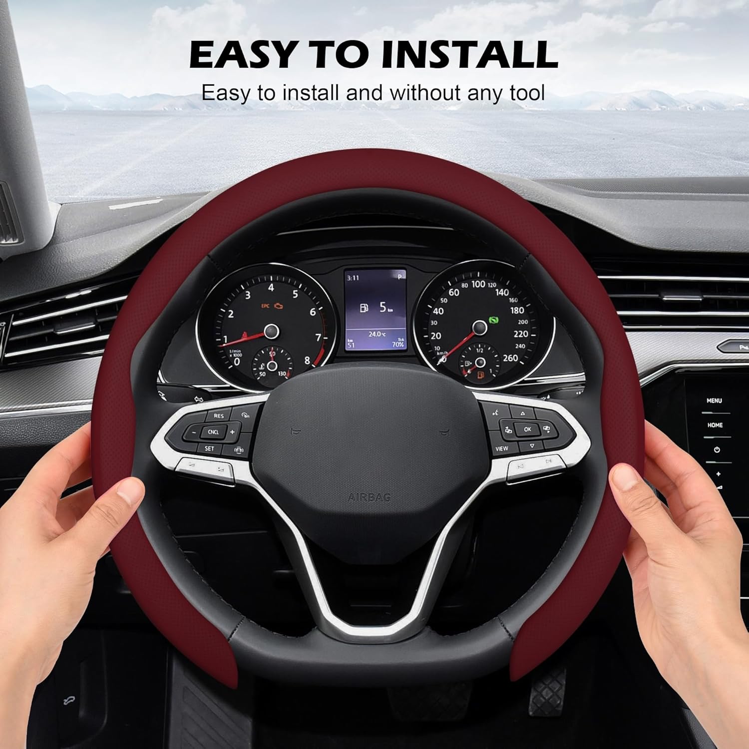 Frani Nappa Leather Steering Wheel Cover,Universal Fit 15 Inch-Premium Non-Slip Breathable Comfort Grip for Cars Trucks SUVs,Anti-Slip Durable Interior Upgrade Wine Red - Image 4