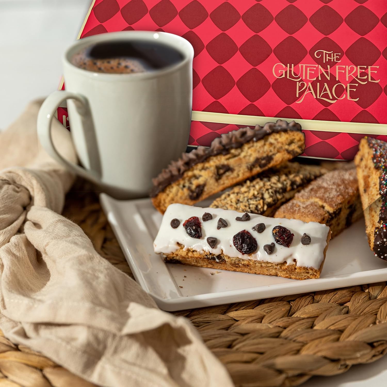 Gluten Free Palace Biscotti Gift Basket – Assorted Gluten Free Biscotti Cookies – Luxury Chocolate Dessert Easter Gifts for Adults, Family, & Friends – Elegant Gourmet Gift Box (8 Count)