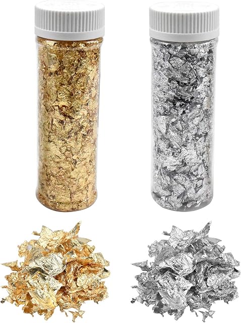 suchkawe 2 Bottles Gold Leaf Flakes, 2g Gold Foil Flakes Imitation Metallic Leaf for Nails, Art and Craft, Furniture, Gilding, Painting, Resin Jewelry MakingGold and Silver)