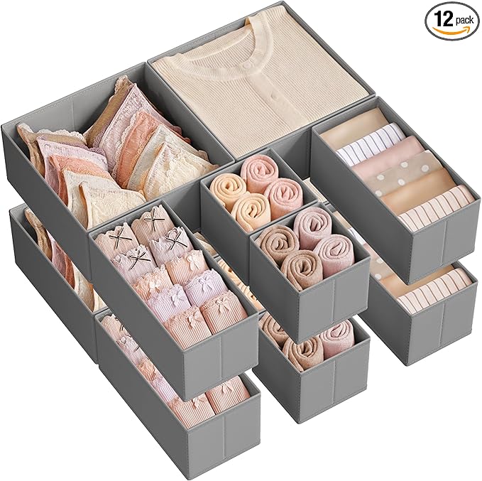 SONGMICS Drawer Organizer, Dresser Drawer Organizers, Set of 12, Foldable Fabric Storage Bins for Socks, Underwear, Bras, Ties, Scarves, Dove Gray URDZ006G02