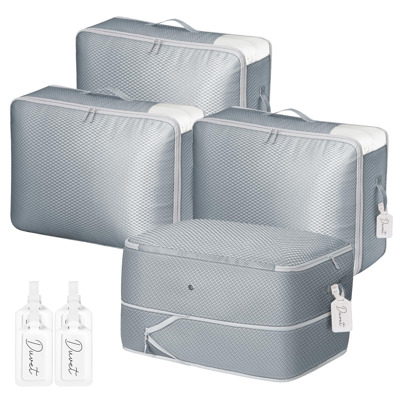 DIMJ Comforter Storage Bag - Large Capacity Ultra Space Saving Self Compression Organize for Duvet, Pillow, Bedding, Blanket Storage Organizer Nylon Compression Bags, Sheet Storage with Zipper, 4 Pack