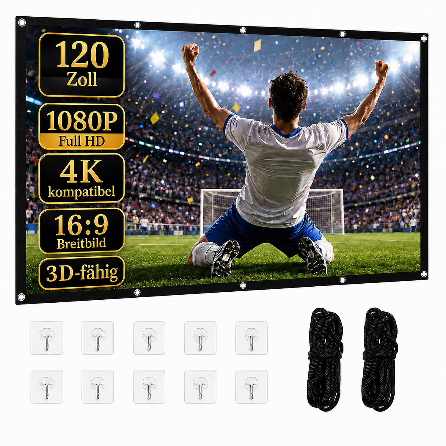 120 Zoll Beamer Leinwand 16:9, Faltbar Faltenfrei Tragbare Projektorleinwand für Heimkino Outdoor Indoor, Unterstützt Beidseitige Projektion, 267cm*150cm