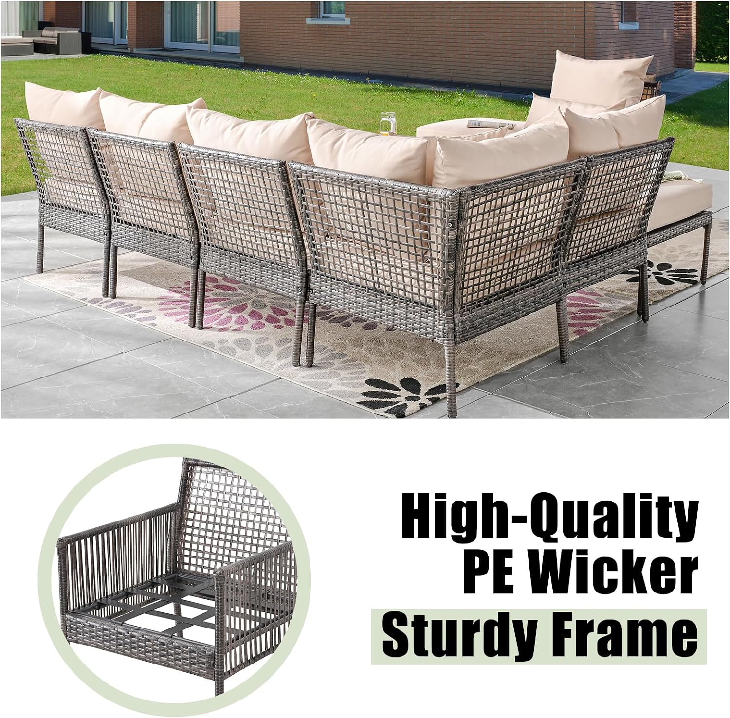 6 Pieces Patio Furniture Sets All-Weather Outdoor PE Wicker Rattan Sectional Sofa Conversation Set with Thick Cushions and Coffee Table for Balcony,Yard, Poolside(Beige)