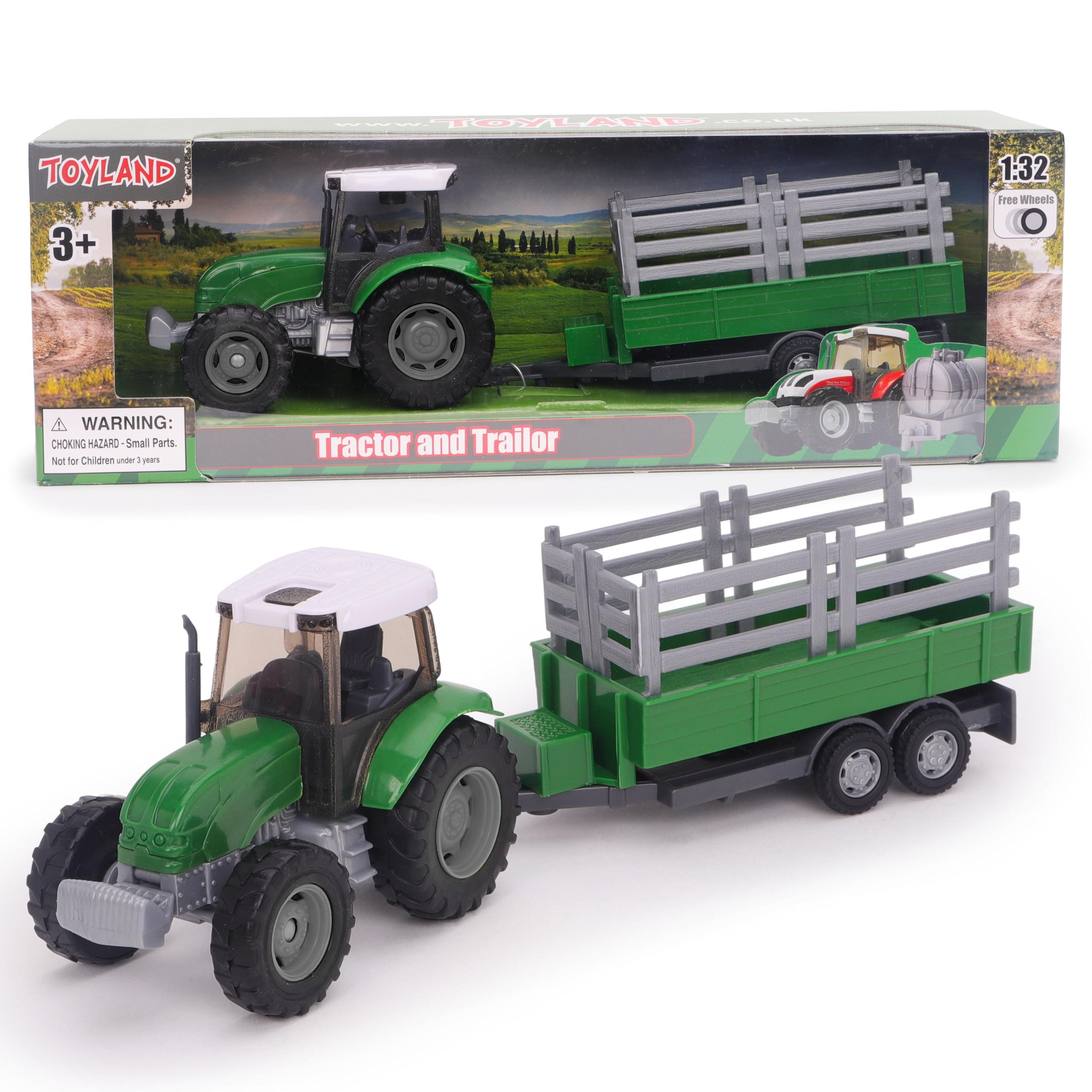 Toyland® 22.5cm Farm Tractor & Tanker/Trailer Set - Free Wheel Action - Boys Farm Toys (Green Trailer)