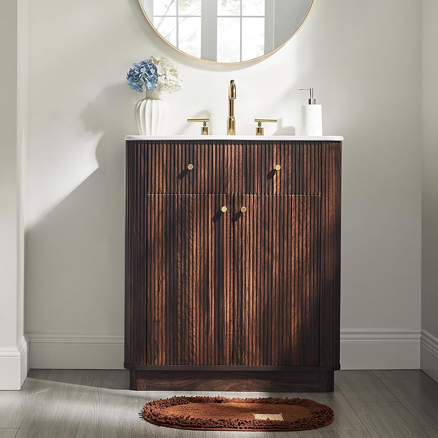T4TREAM 30 Inch Bathroom Vanity with Sink, Modern Fluted Single Bathroom Vanity with Sink with Storage Cabinet, Adjustable Shelf, Dark Walnut