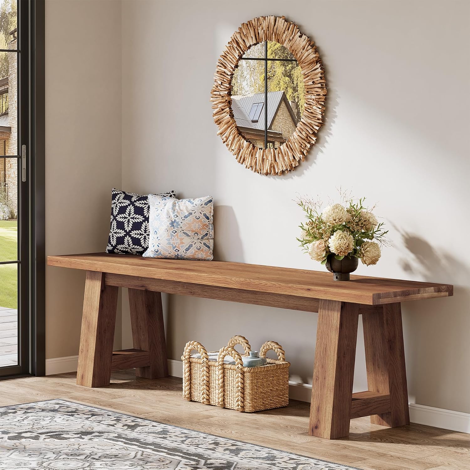 55" Solid Wood Entryway Bench, Farmhouse Long Wood Bench Dining Seat for Living Room, Dining Room, Hallway, Rustic Brown