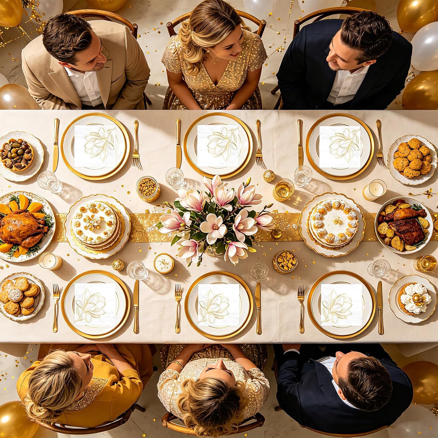 100 Pack Gold Magnolia Cocktail Napkins 3 Ply 5 x 5 Inch Gold Foil Floral Disposable Paper Napkins for Spring Dinner Wedding Birthday Baby Shower Vintage Bridal Engagement Reception Party Supplies